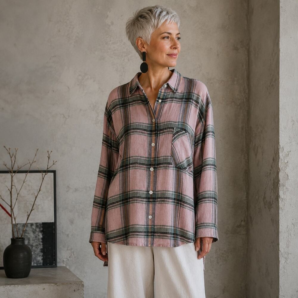 J Jill Pink Gray Plaid Long Sleeve Button Down Shirt Medium - Picture 1 of 9